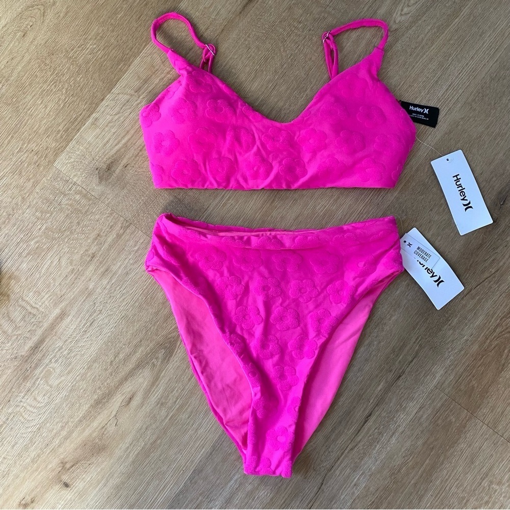 Hurley Pink Floral Terry Cloth High Waisted Bikini